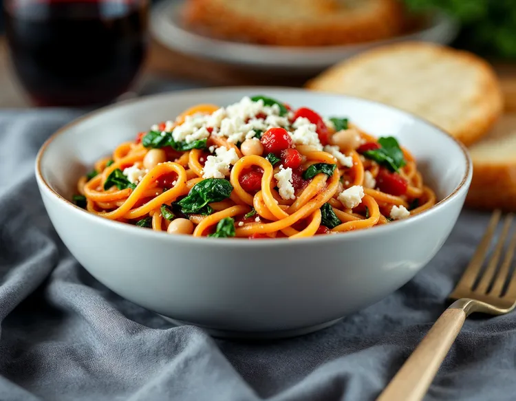 Mediterranean spinach pasta with tomatoes and white beans