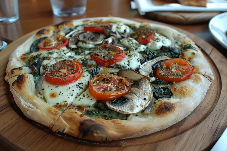 Mouthwatering mushroom, spinach and tomato pita pizza