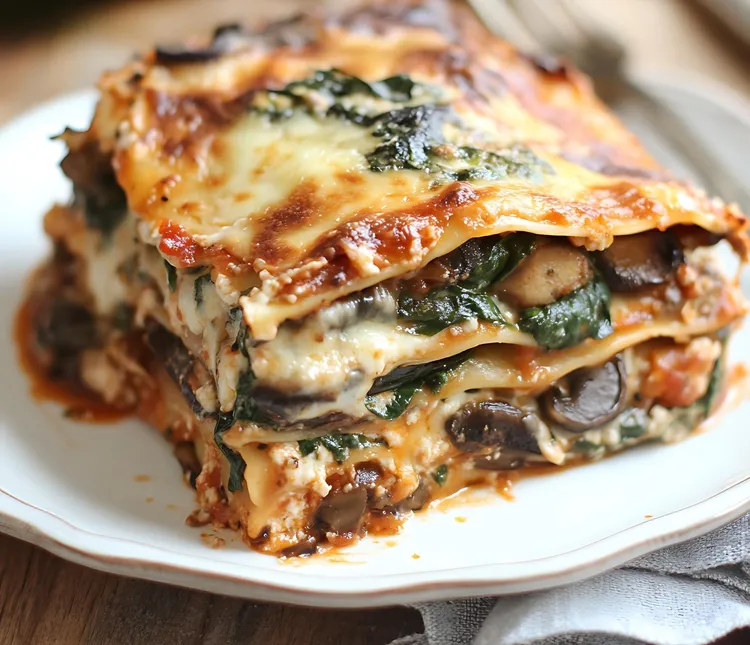 Mushroom and tomato lasagna with mozzarella and cottage cheese