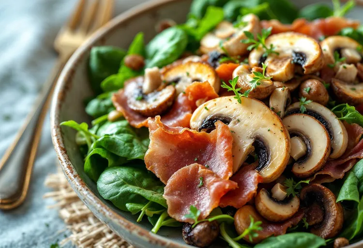 Mushroom, prosciutto and spinach salad
