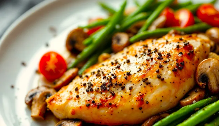 Chicken with mushrooms, green beans and cherry tomatoes