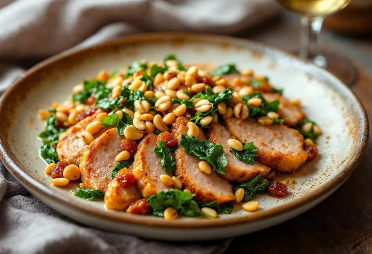 Pan-fried pork with spinach, raisins and pine nuts