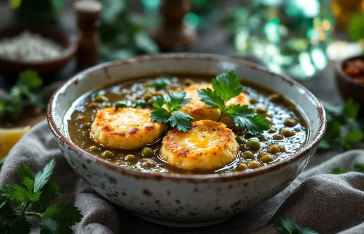 Pea and lentil soup with cheese fritters