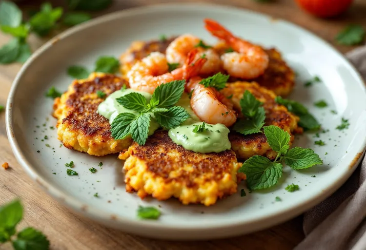 Pea fritters with shrimps and mint cream