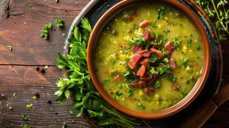 Pea  and zucchini soup with crisp prosciutto