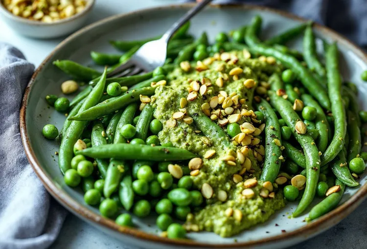 Peas and beans with pistachio pesto