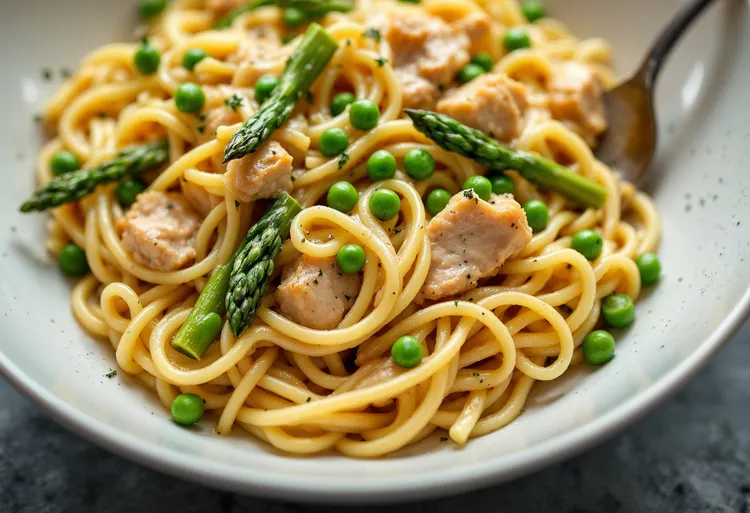Poached chicken and asparagus spaghetti