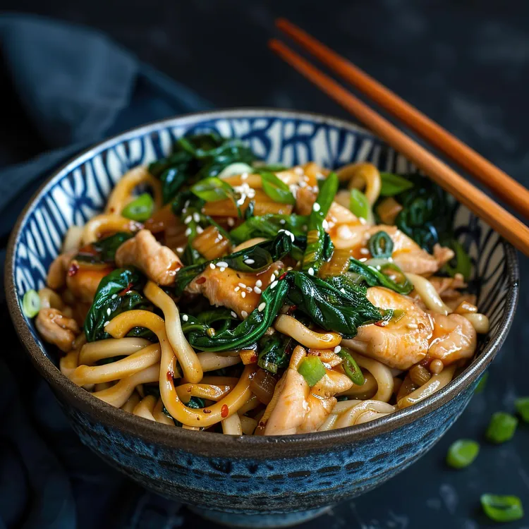 Poached chicken on soba noodles and spinach