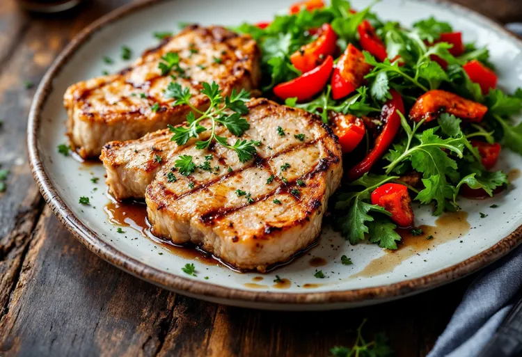 Pork chops with roasted pepper and arugula salad