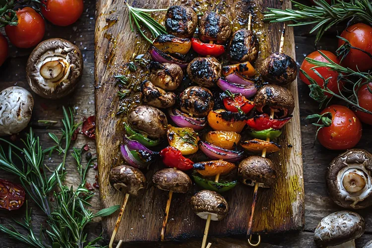 Grilled portobello mushroom and veggie skewers