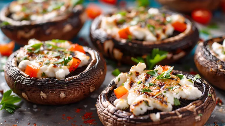 Portobello mushroom caps with feta, tomato and mint