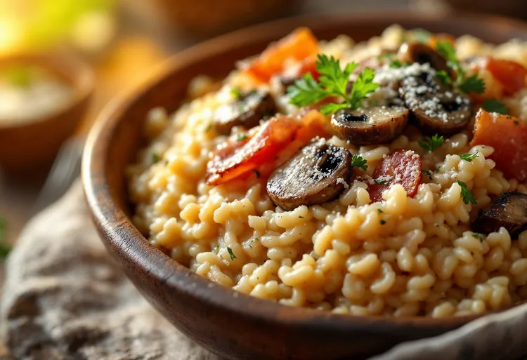 Prosciutto, mushroom and barley risotto