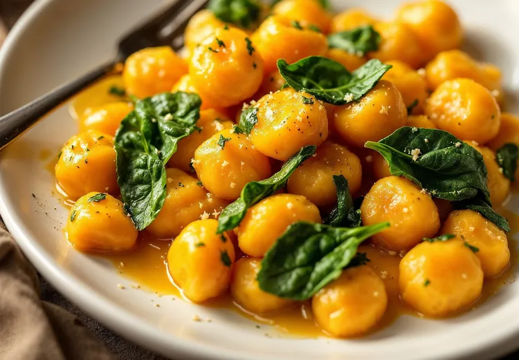 Pumpkin gnocchi with butter and spinach