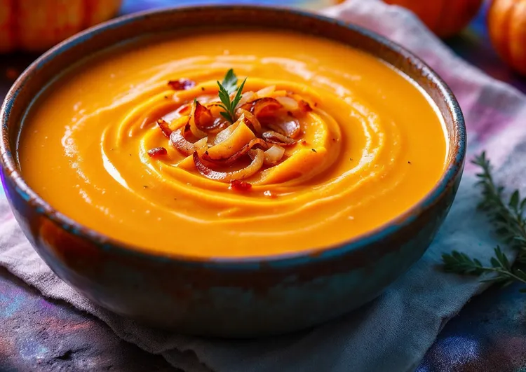 Pumpkin soup with caramelised onion