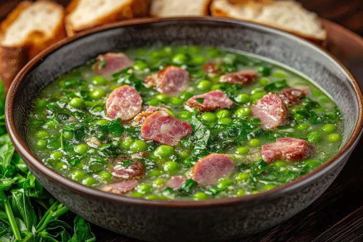 Rice soup with peas and spinach
