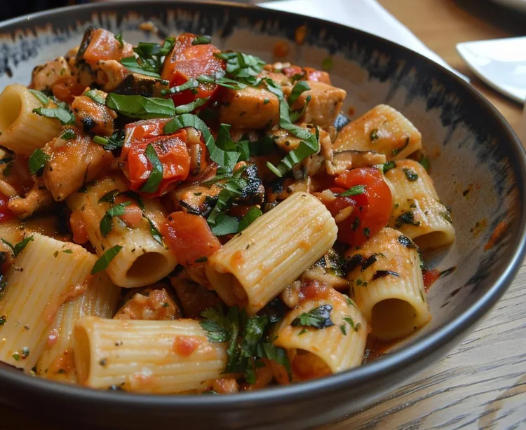 Rigatoni with brie, tomatoes, olives and basil