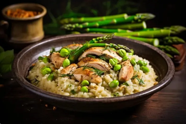 Risotto primavera with lemon and herb chicken