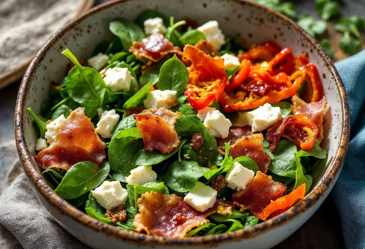 Roast capsicum & spinach salad with crisp prosciutto