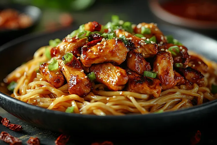 Roast pork fillets with coriander udon noodles