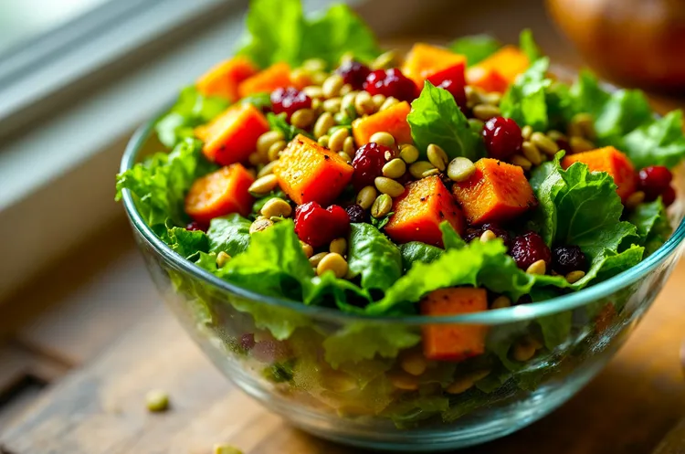 Roast pumpkin salad with cranberries and pistachio