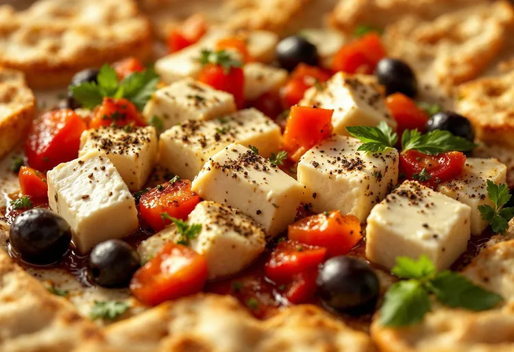 Roasted feta with olives, red peppers and pita bread