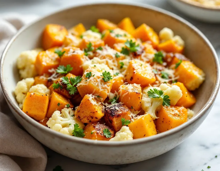 Roasted pumpkin and cauliflower with parmesan