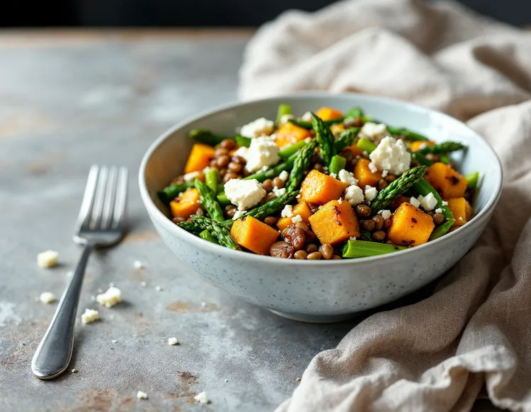 Roasted pumpkin, asparagus, lentil & feta salad