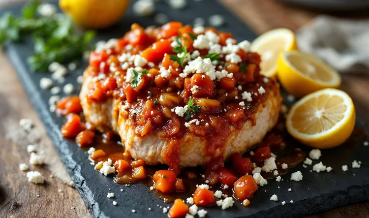 Balsamic pork chops with feta and cherry tomatoes