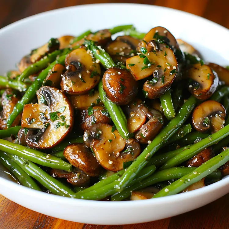 Green bean and mushroom stir-fry with sesame seeds