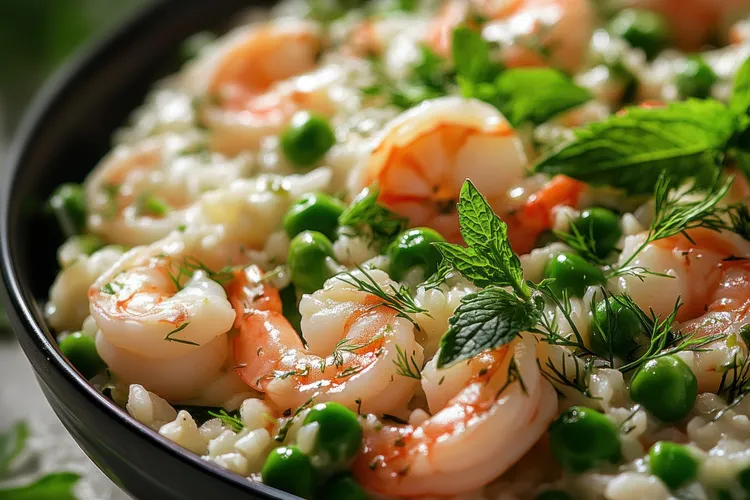 Shrimp, pea and barley risotto