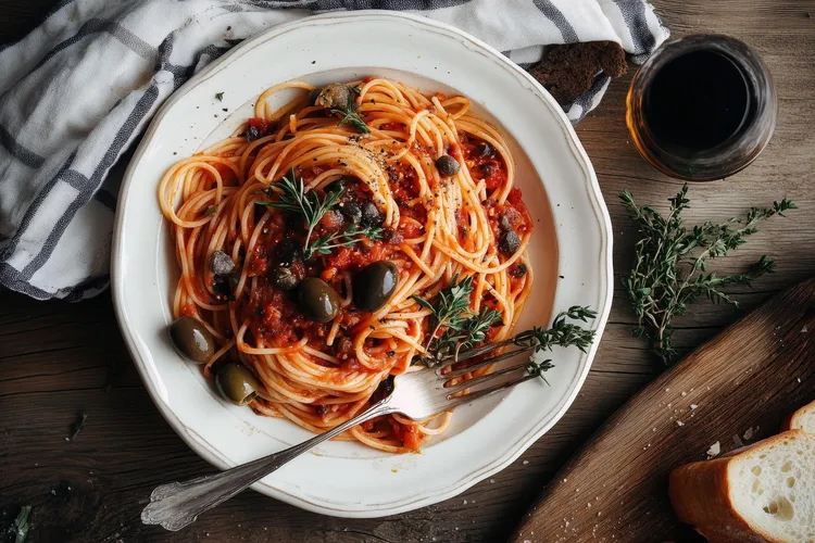 Spaghetti alla puttanesca with anchovies, olives and capers