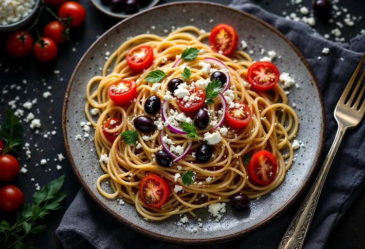 Spaghetti with salsa cruda and feta