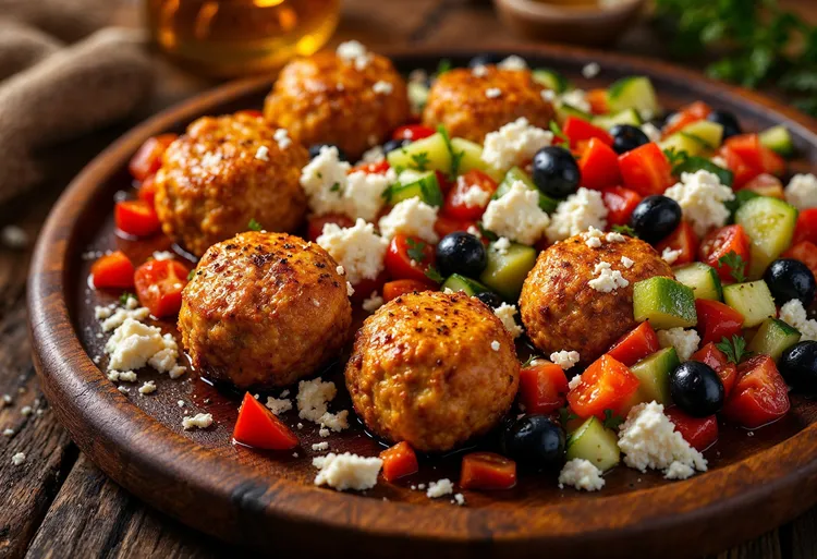 Spiced keftedes with horiatiki