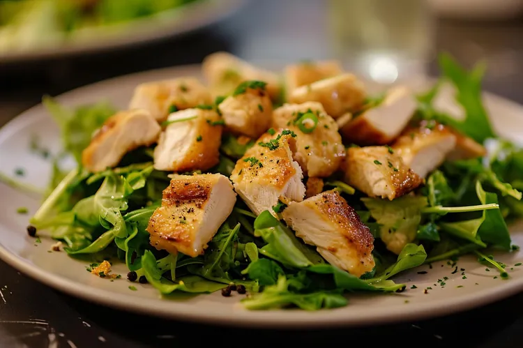 Chicken salad with olive oil, lemon zest and vinegar