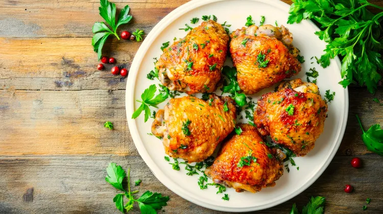 Chicken thighs with pepper sauce and red pepper spice
