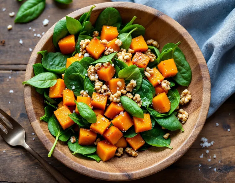 Spinach, roasted pumpkin and walnut salad