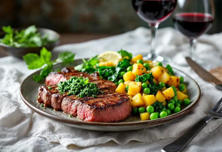 Steak with salsa verde, braised potatoes and peas