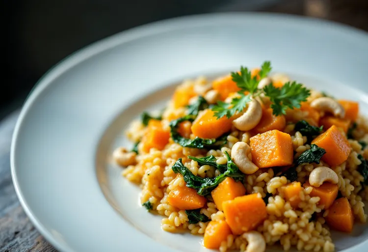 Sweet potato, spinach and cashew risotto