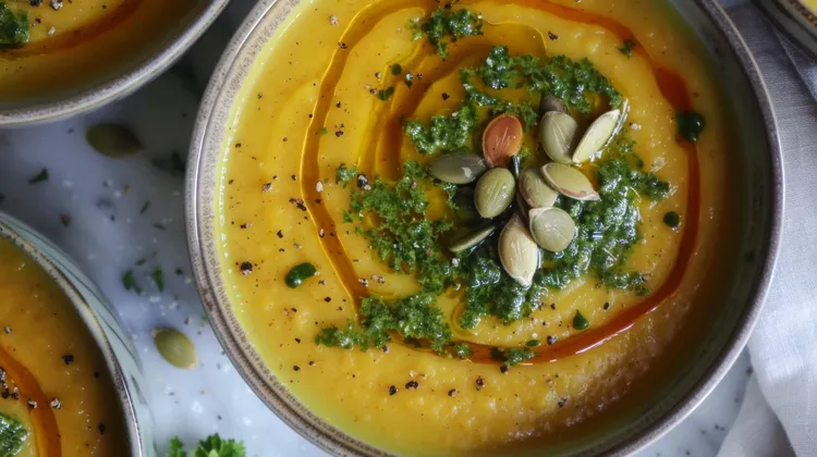Thai-style pumpkin soup with coriander pesto
