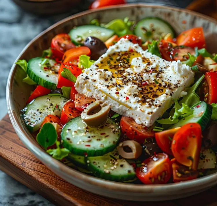 Tomato greek salad with pan-fried fetta