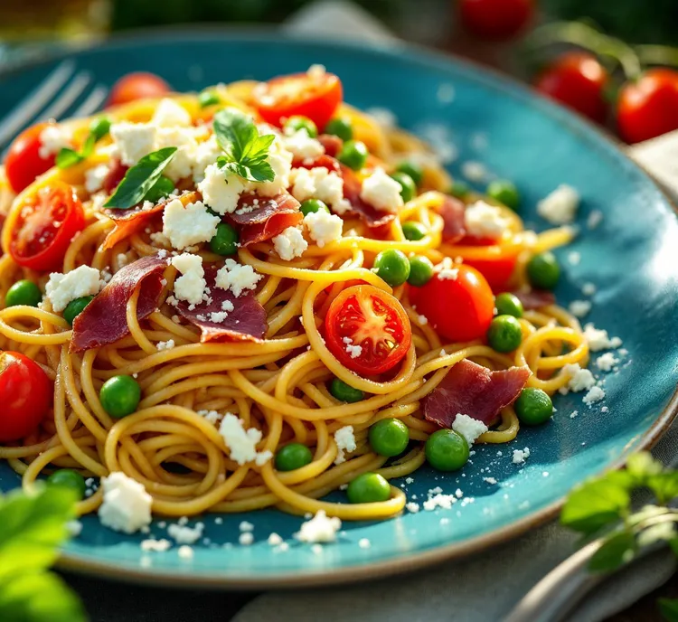 Tomato, prosciutto and pea spaghetti
