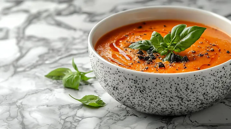 Tomato soup with olive & caper pistou