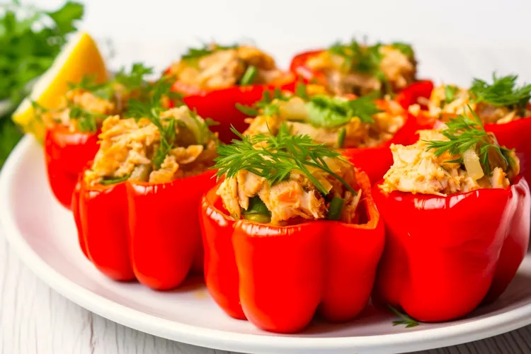 Tuna-stuffed red pepper with cucumber and mustard