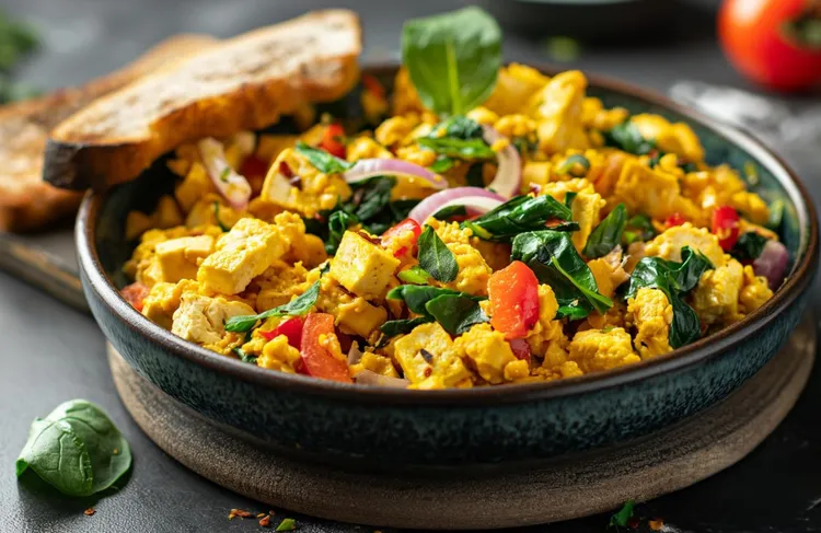 Vegan tofu spinach scramble with onions, tomatoes and basil