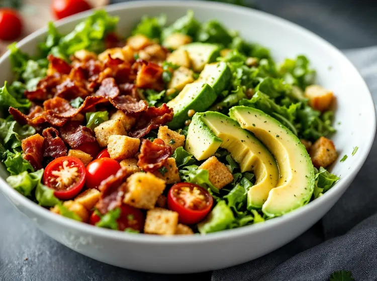 Warm bacon, avocado and crouton salad