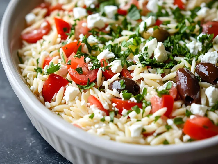 Mediterranean orzo salad with feta, olives and capers