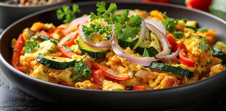 Zucchini scramble with onion, red pepper and tomato sauce