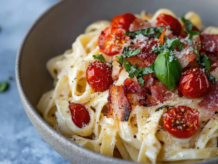 Pasta with bacon, ricotta and semi-dried tomatoes