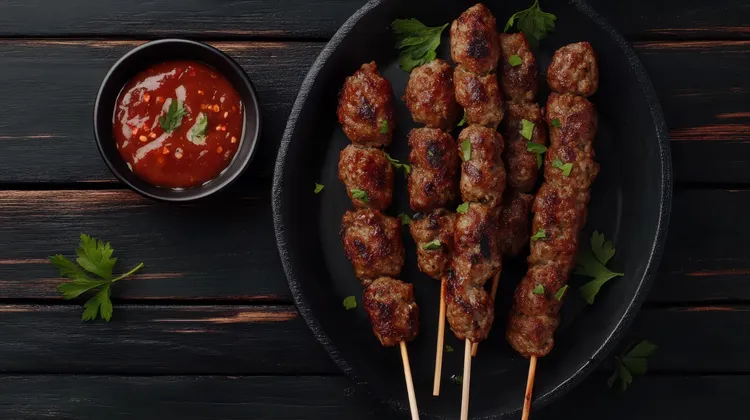 Beef skewers with peppers and tomatoes