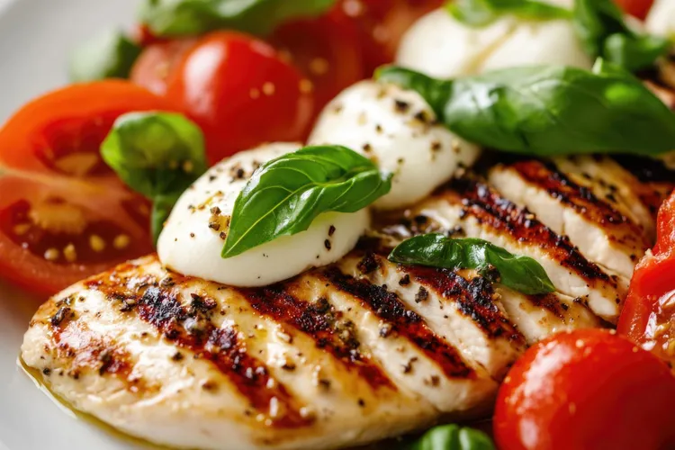 Grilled chicken with cherry tomatoes and mozzarella cheese